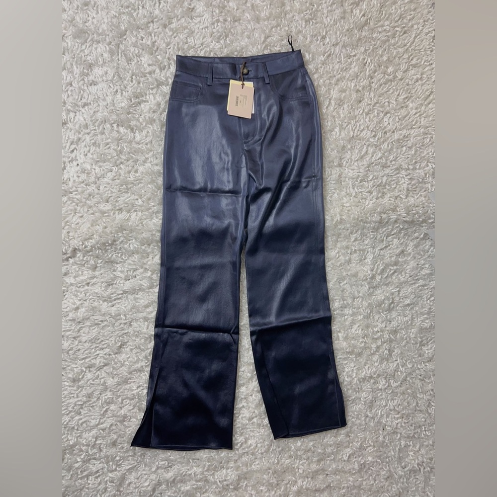 NWT $525 Nanushka Vaeda Navy Glossy Satin 5 Pocket Cropped Flare Pants with Slit - Picture 8 of 9